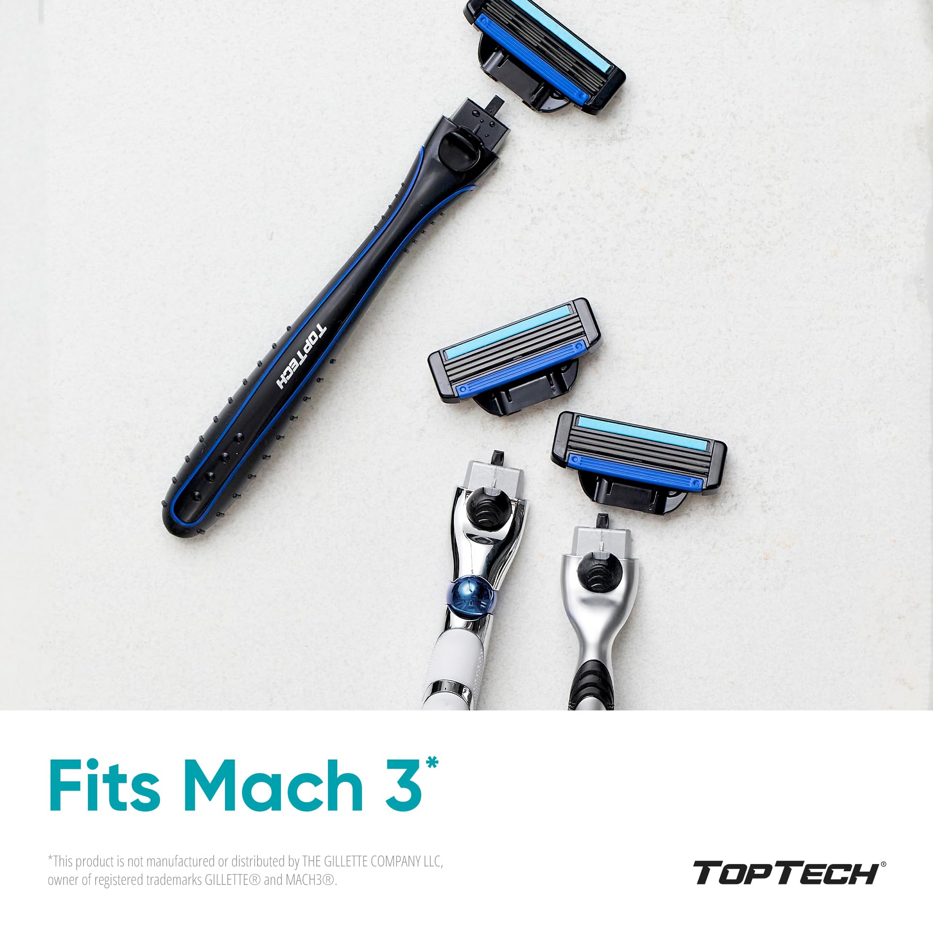 Toptech Razor 3 for Men lubricating strip with Aloe close-up suggests gentle glide and skin comfort