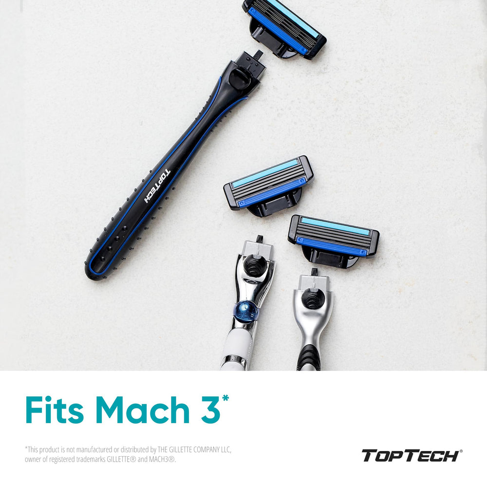 Toptech Razor 3 for Men lubricating strip with Aloe close-up suggests gentle glide and skin comfort