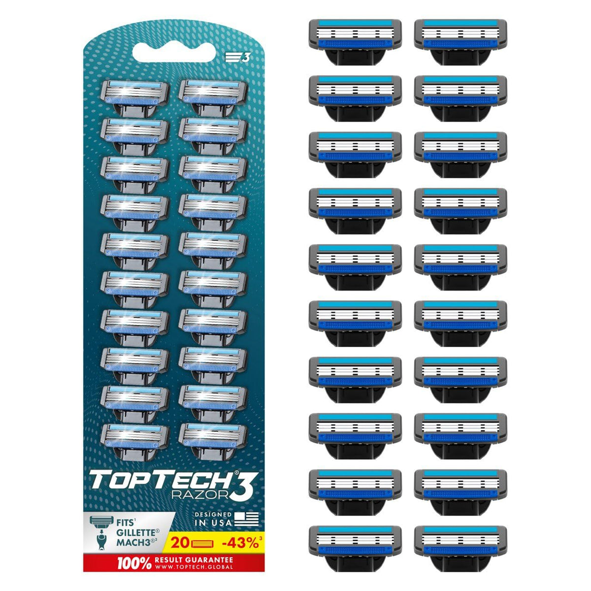 Toptech Razor 3 for Men packaging displaying a 20-refill pack for a smooth daily shave