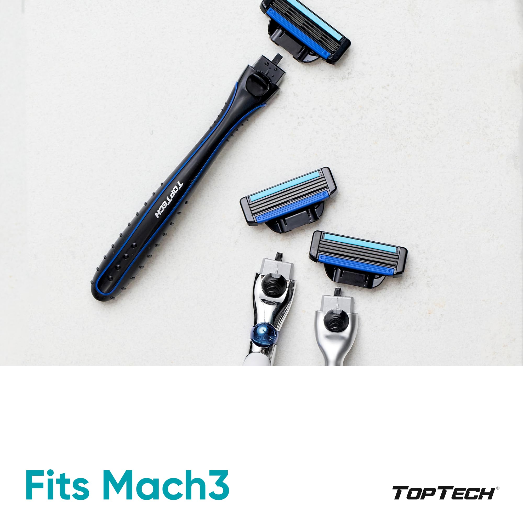Toptech Razor 3 MACH3 fit demonstrates compatibility with Mach3 razors.