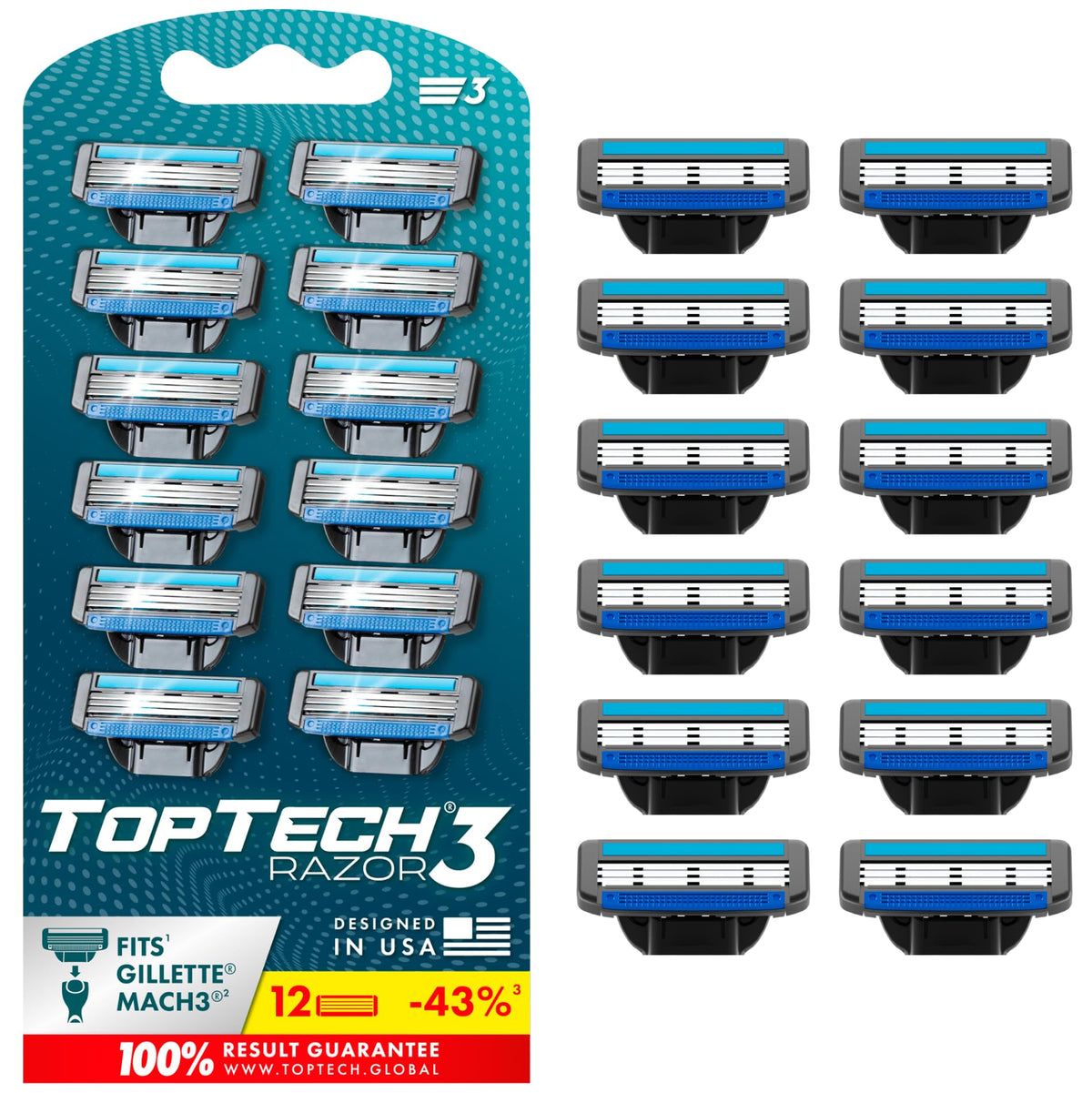 Toptech Razor 3 packaging highlights ready-to-use refills for dependable daily shaves.