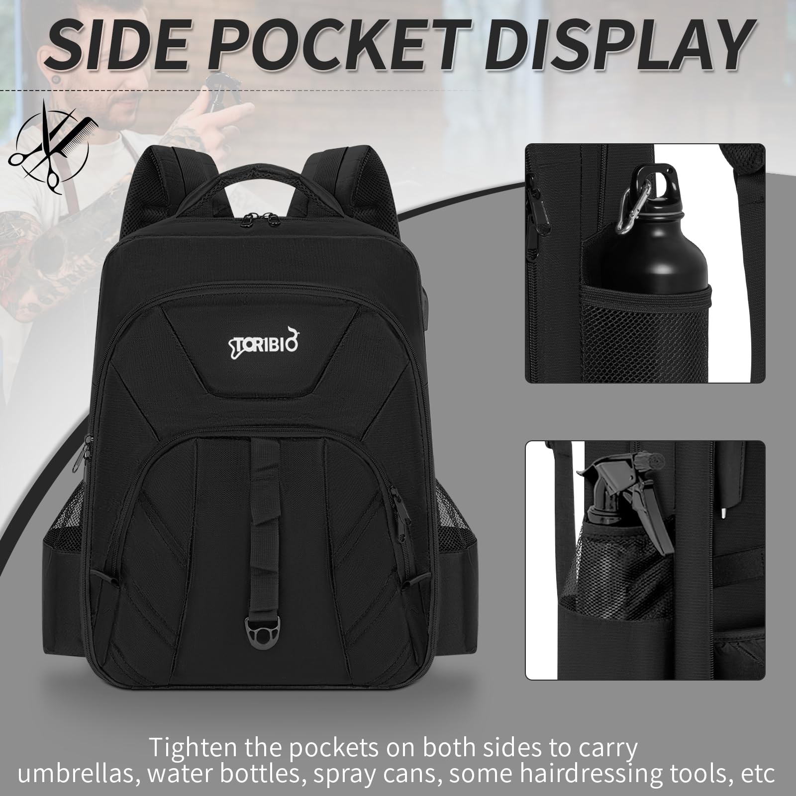 TORIBIO barber bag fits a 15-inch laptop and large tools.