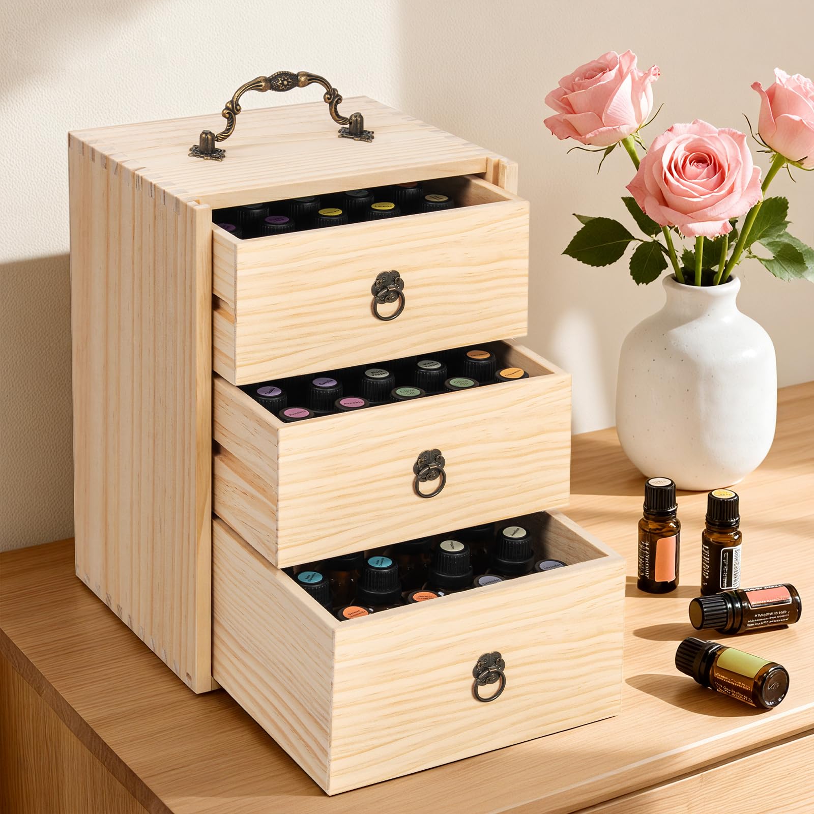 TORIBIO Essential Oils Box open drawer view highlights 60-slot capacity for 5–30 ml bottles.