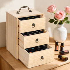 TORIBIO Essential Oils Box open drawer view highlights 60-slot capacity for 5–30 ml bottles.
