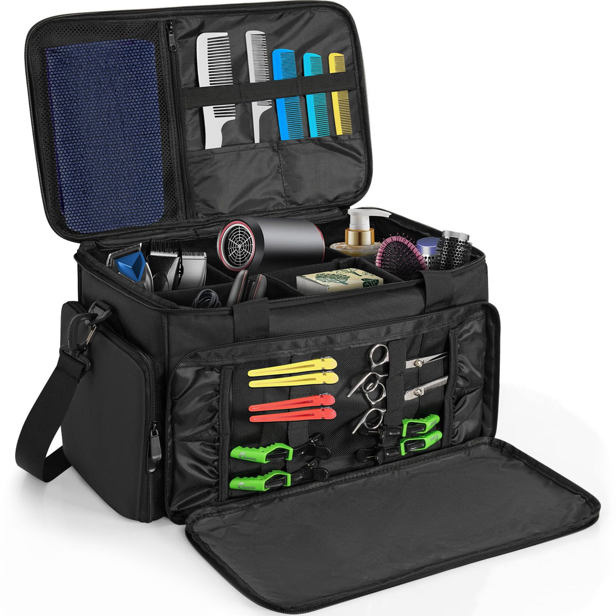 TORIBIO large capacity bag open with roomy compartments for clippers, scissors, and brushes