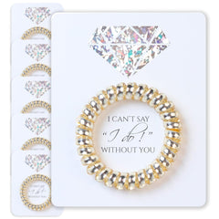 TOROS set of six gold hair ties on proposal cards for elegant bridesmaid gifts.