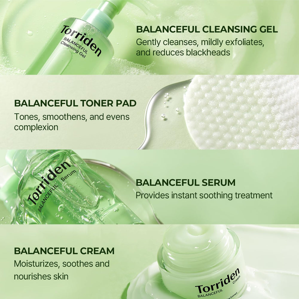 Torriden BALANCEFUL Cica Trial Kit travel-size bottles arranged for a compact routine.