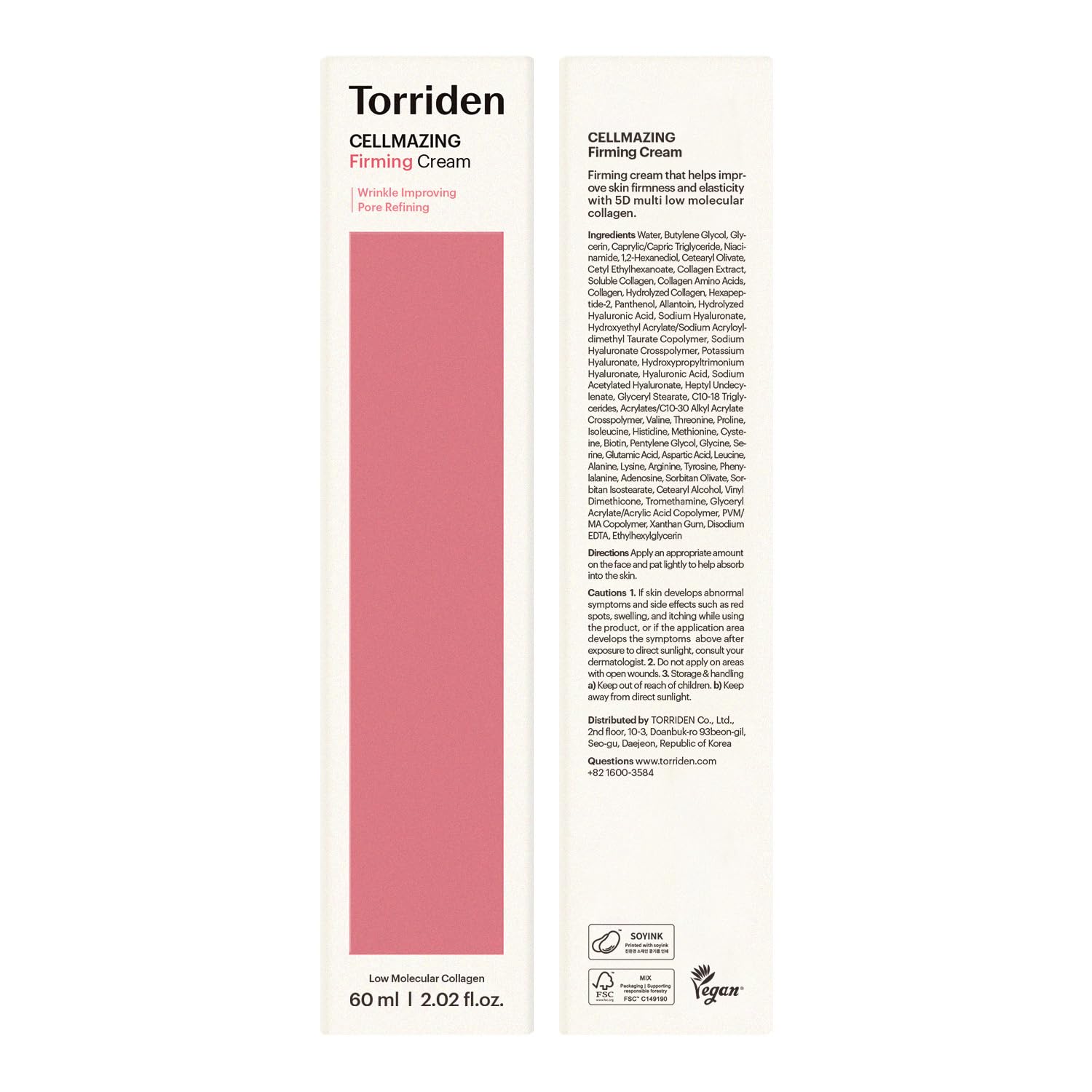 Torriden CELLMAZING sustainable packaging labels emphasizing vegan and recycled materials
