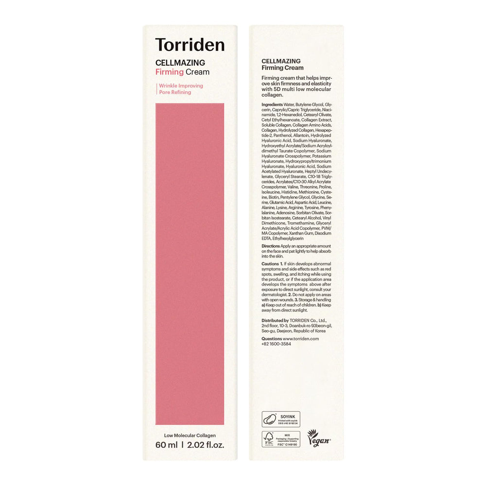 Torriden CELLMAZING sustainable packaging labels emphasizing vegan and recycled materials