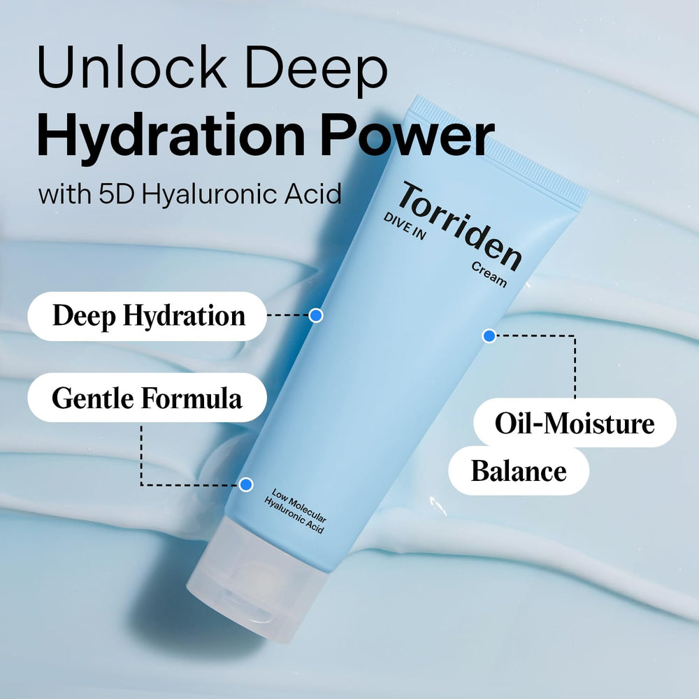 Torriden DIVE IN Cream 5D Hyaluronic Acid closeup shows deep hydration potential.