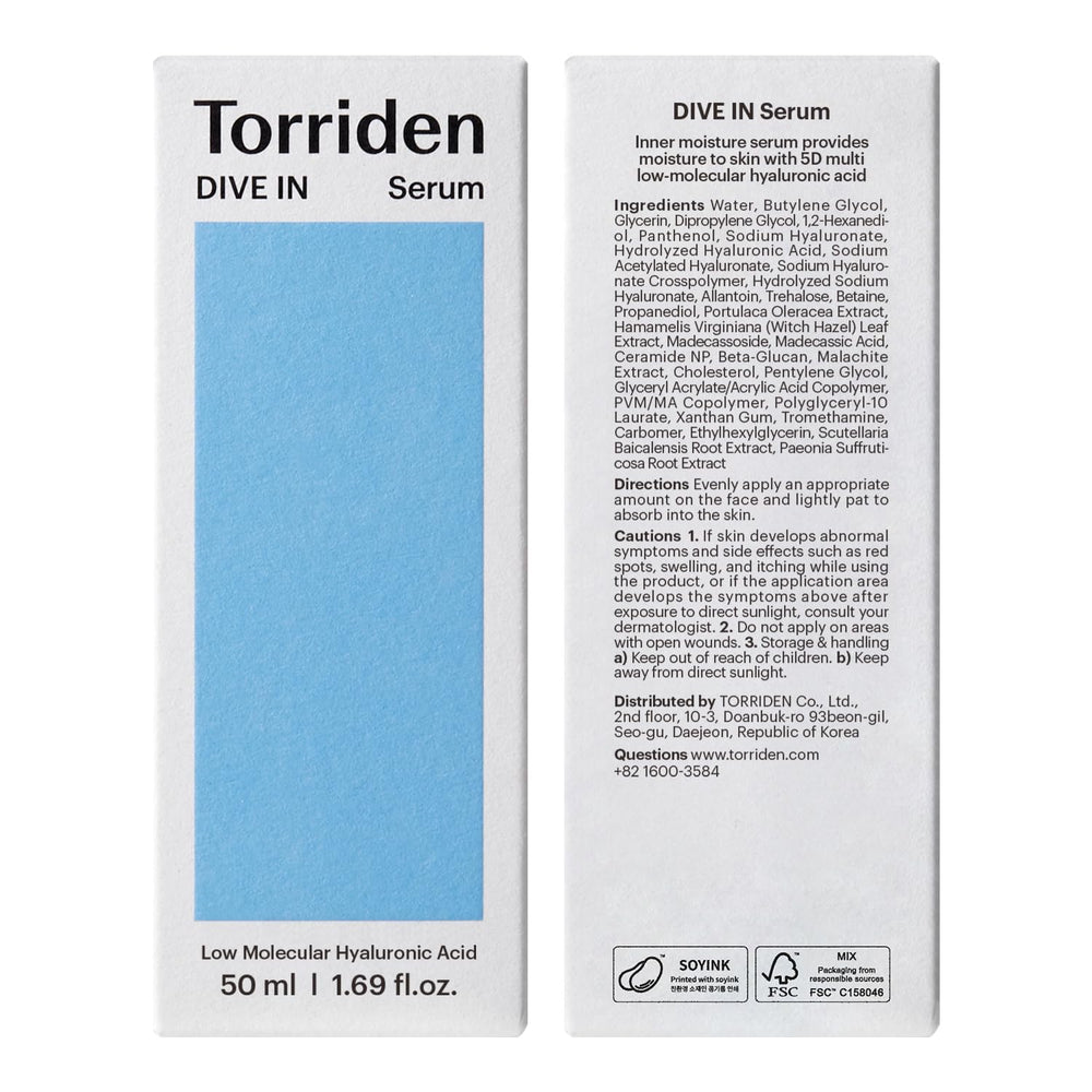 Torriden DIVE IN 50ml bottle resting among skincare lineup for daily glow.