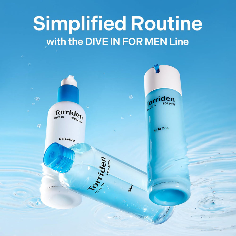 Torriden DIVE IN FOR MEN flatlay routine image for daily skincare.