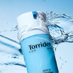 Torriden DIVE IN FOR MEN fluid texture close-up exhibiting quick absorption.