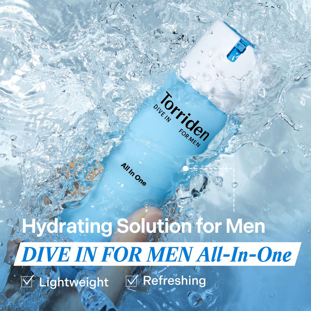 Torriden DIVE IN FOR MEN application close-up highlighting soothing feel for sensitive skin.