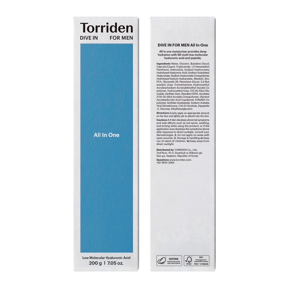 Torriden DIVE IN FOR MEN packaging and branding signaling vegan clean beauty