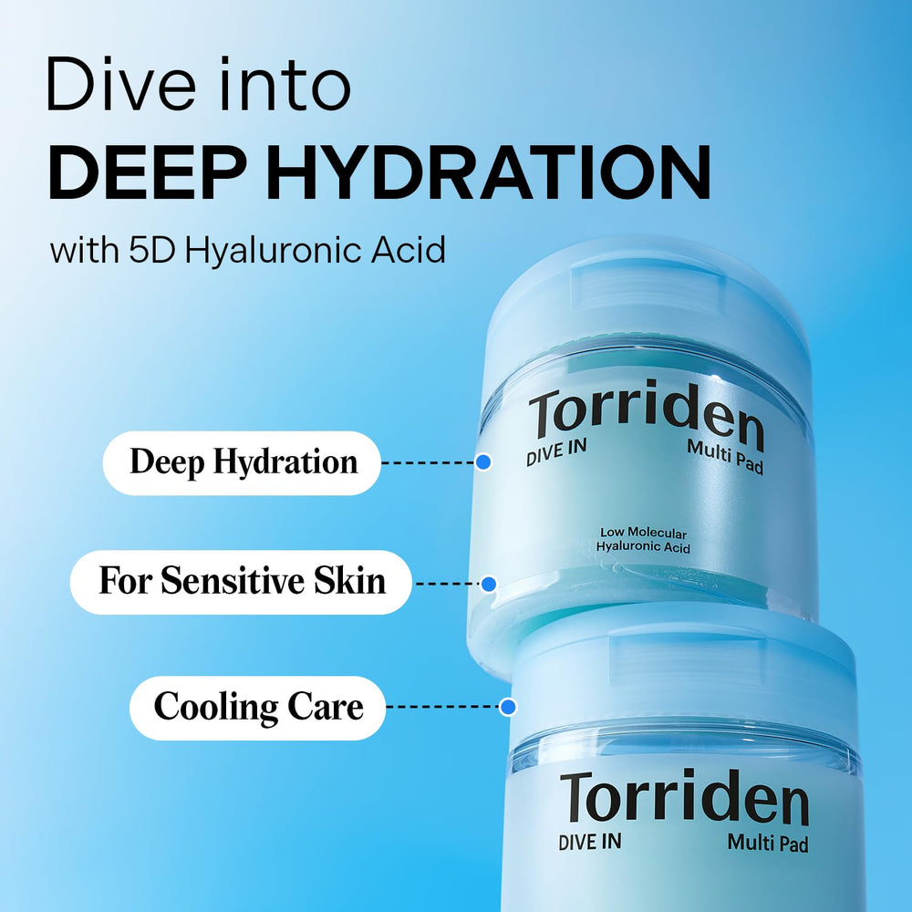 Torriden DIVE IN Multi Pad skin-plump hydration scene emphasizes volumizing moisture.