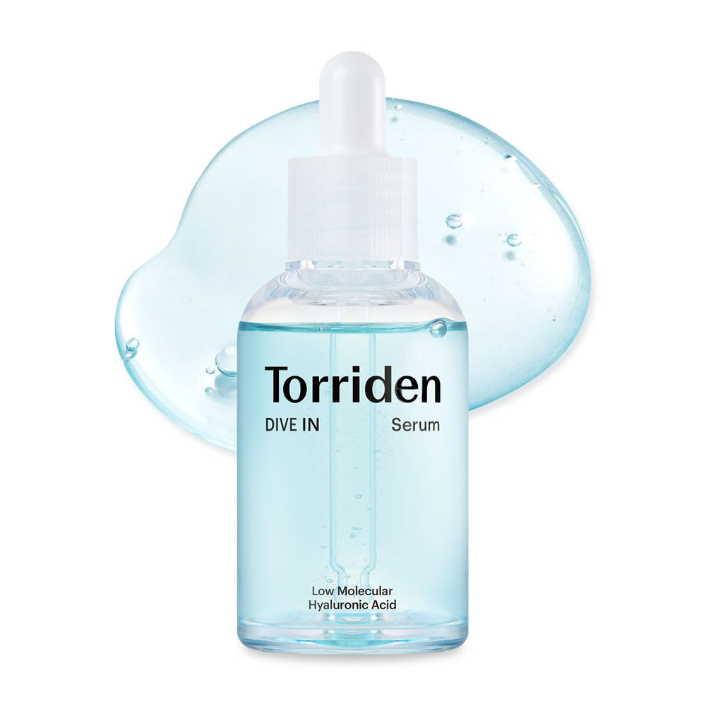 Torriden DIVE IN serum bottle closeup, highlighting lightweight hydration for smooth, dewy skin prep.