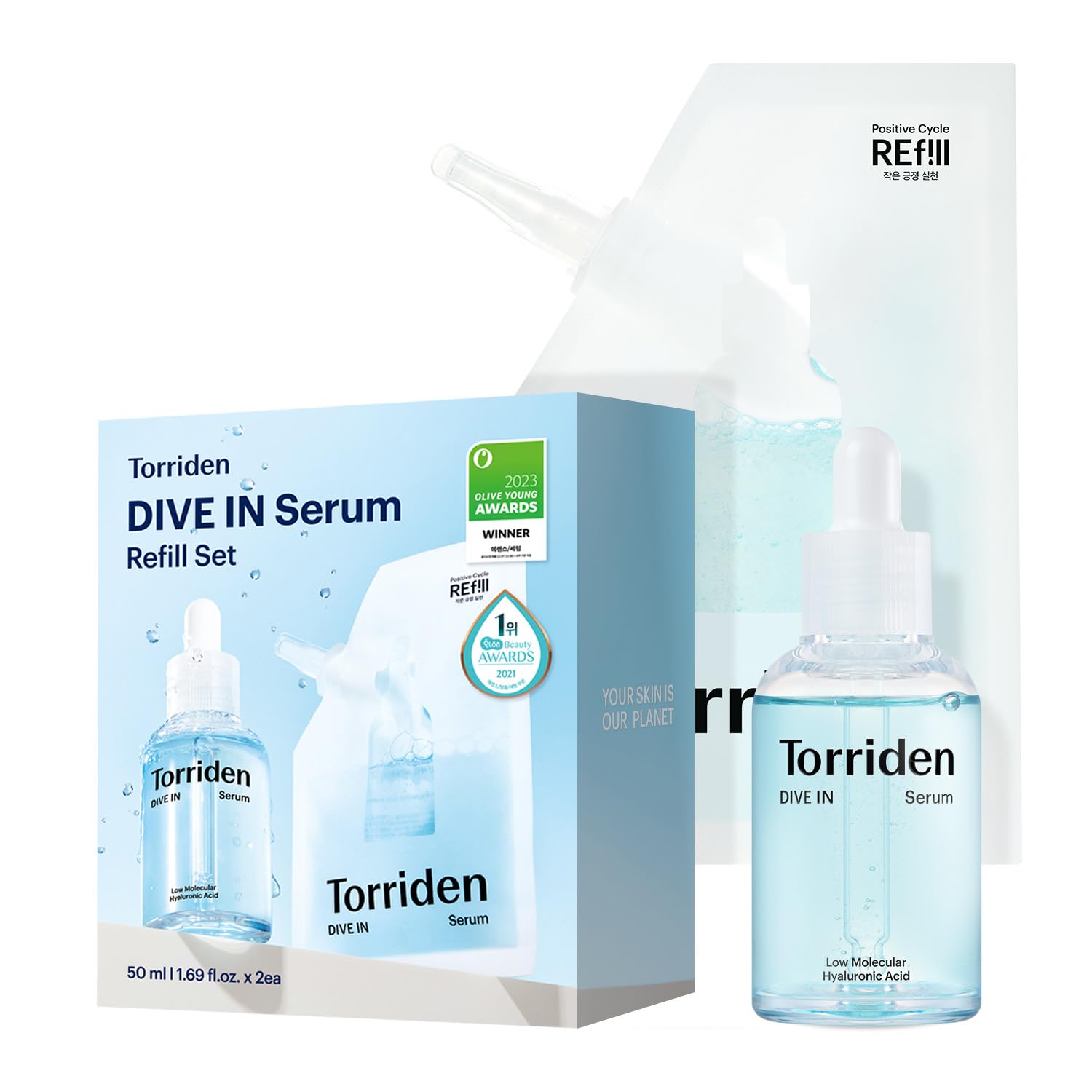 Torriden DIVE IN Serum bottle closeup shows lightweight hydration for makeup prep.