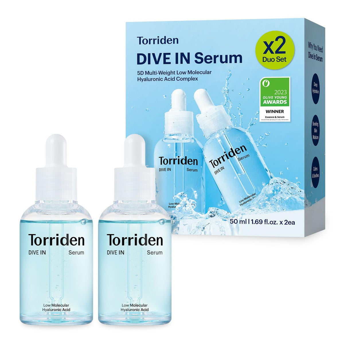 Torriden DIVE IN serum bottle for all-day hydration and makeup prep.
