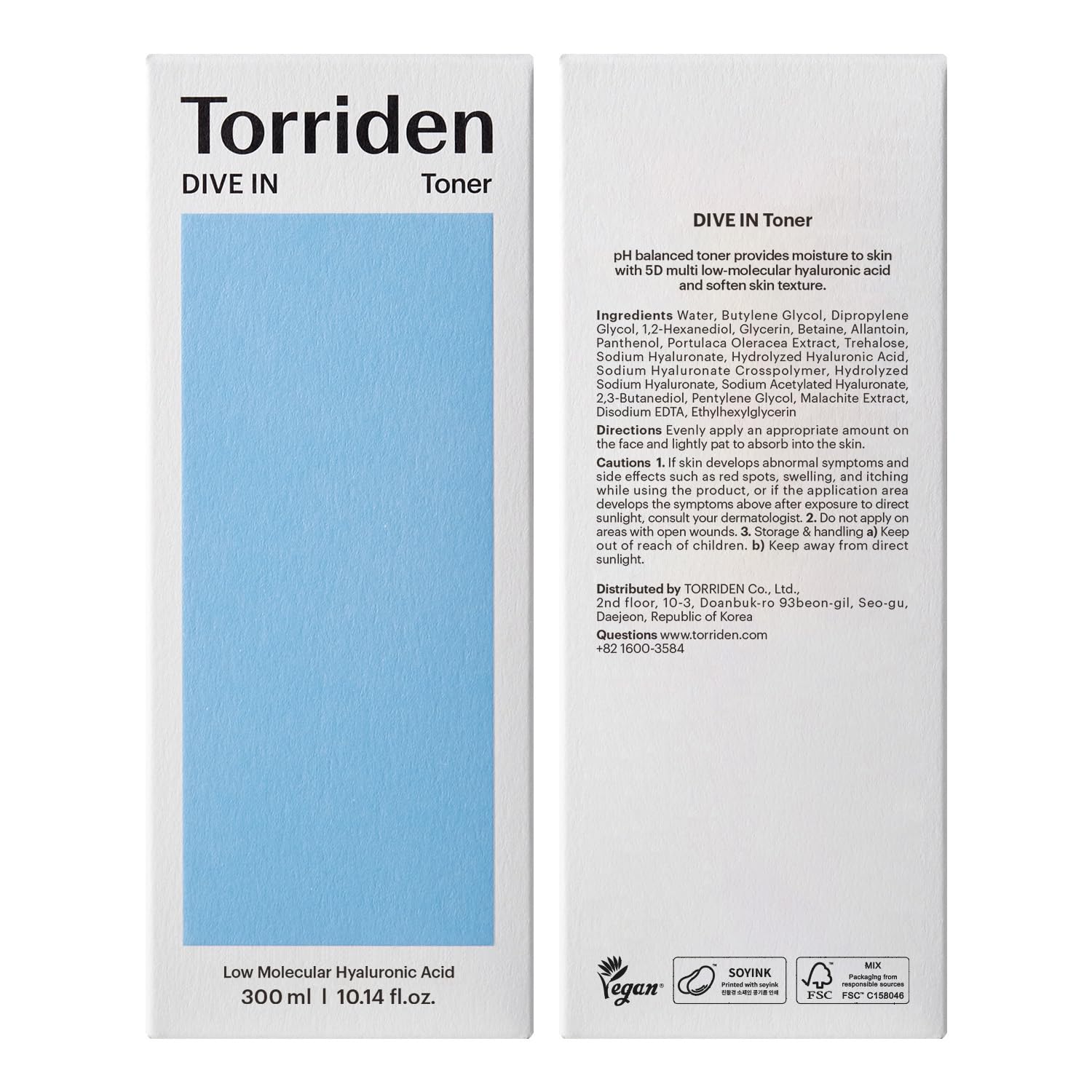 Torriden Dive in Toner 300ml bottle indicates long-lasting hydration routine.