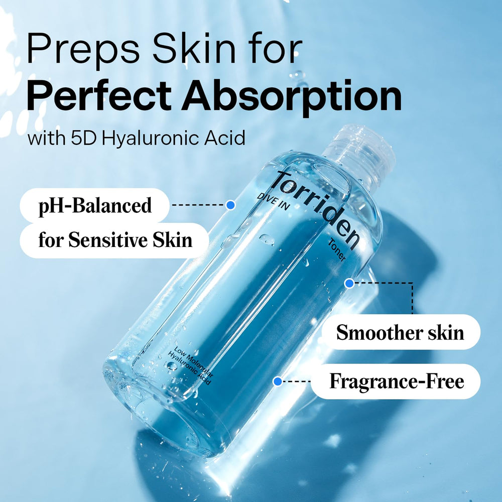 Torriden Dive in Toner bottle back reveals vegan, clean beauty promises.