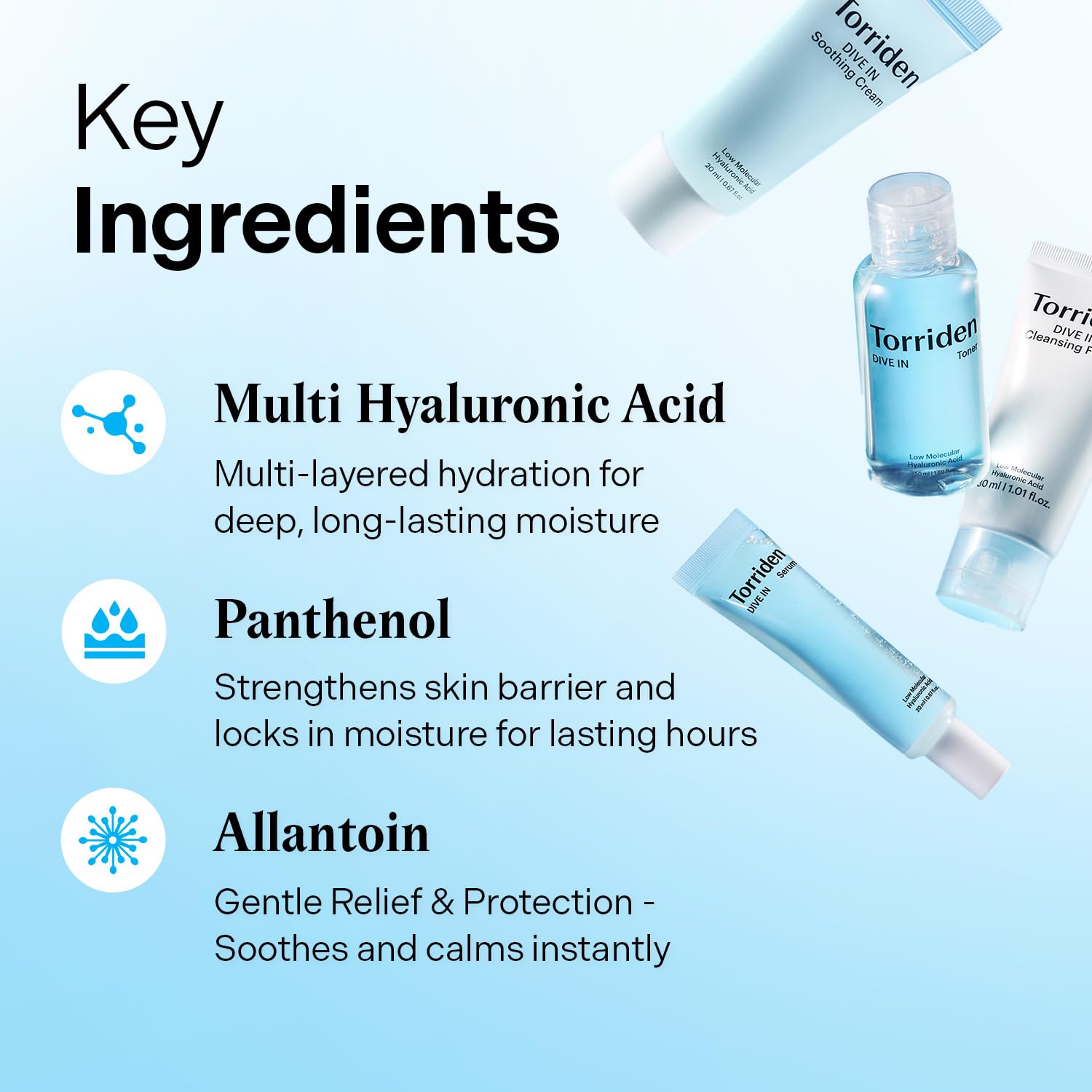 Torriden DIVE IN hyaluronic serum bottle delivering multi HA benefits.