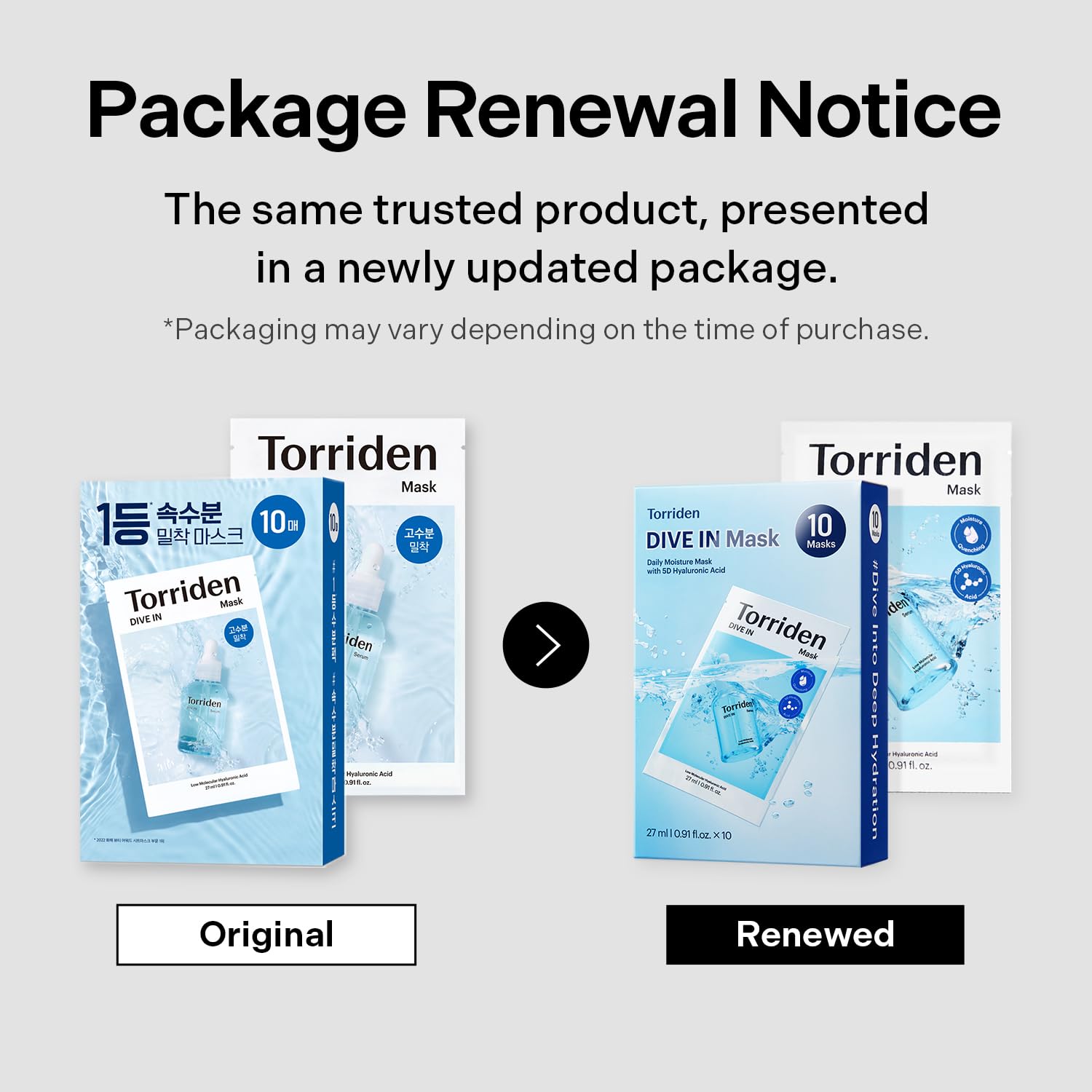 Torriden DIVE IN vegan certification icon on packaging.