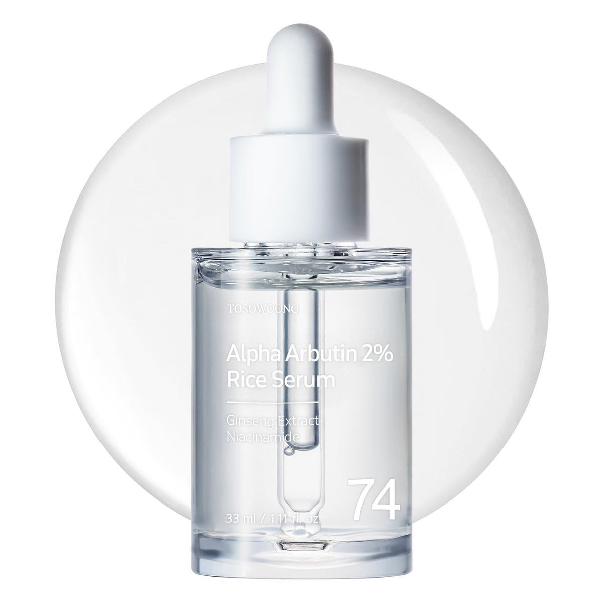 TOSOWOONG Alpha Arbutin 2 Rice Serum bottle closeup highlights brightening potential for even skin tone.