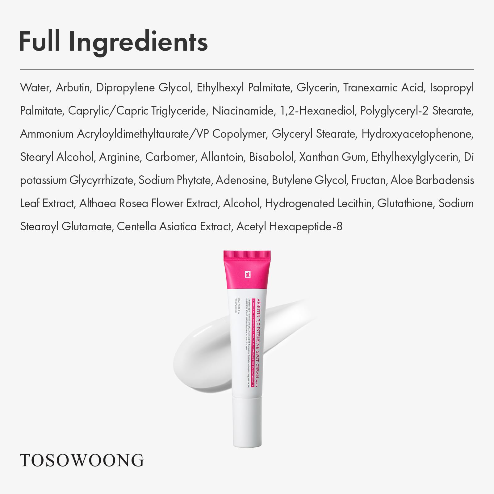 TOSOWOONG Arbutin 7% Spot Cream on dresser for everyday brightening routine.