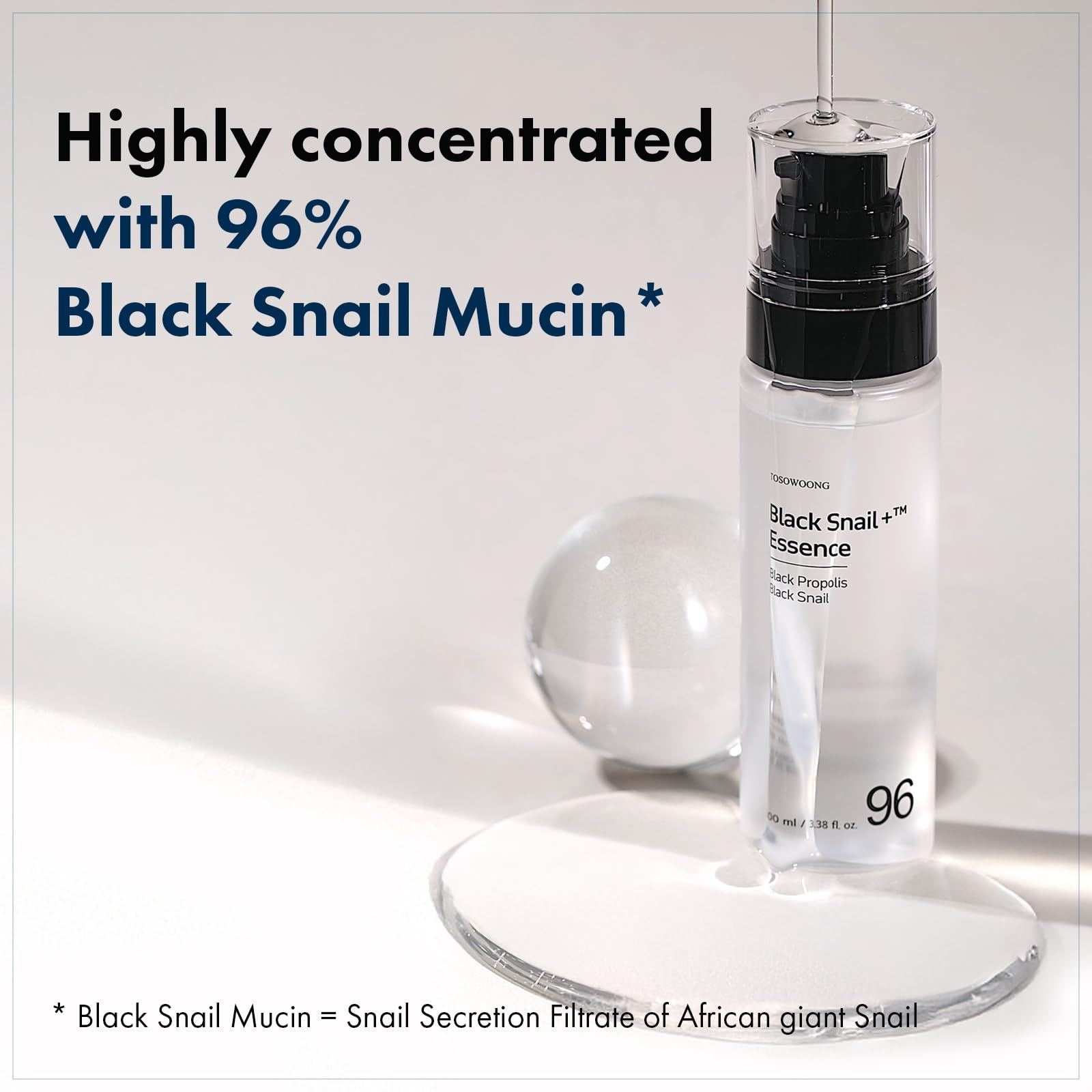 TOSOWOONG close-up label showing 96% snail filtrate and formula benefits
