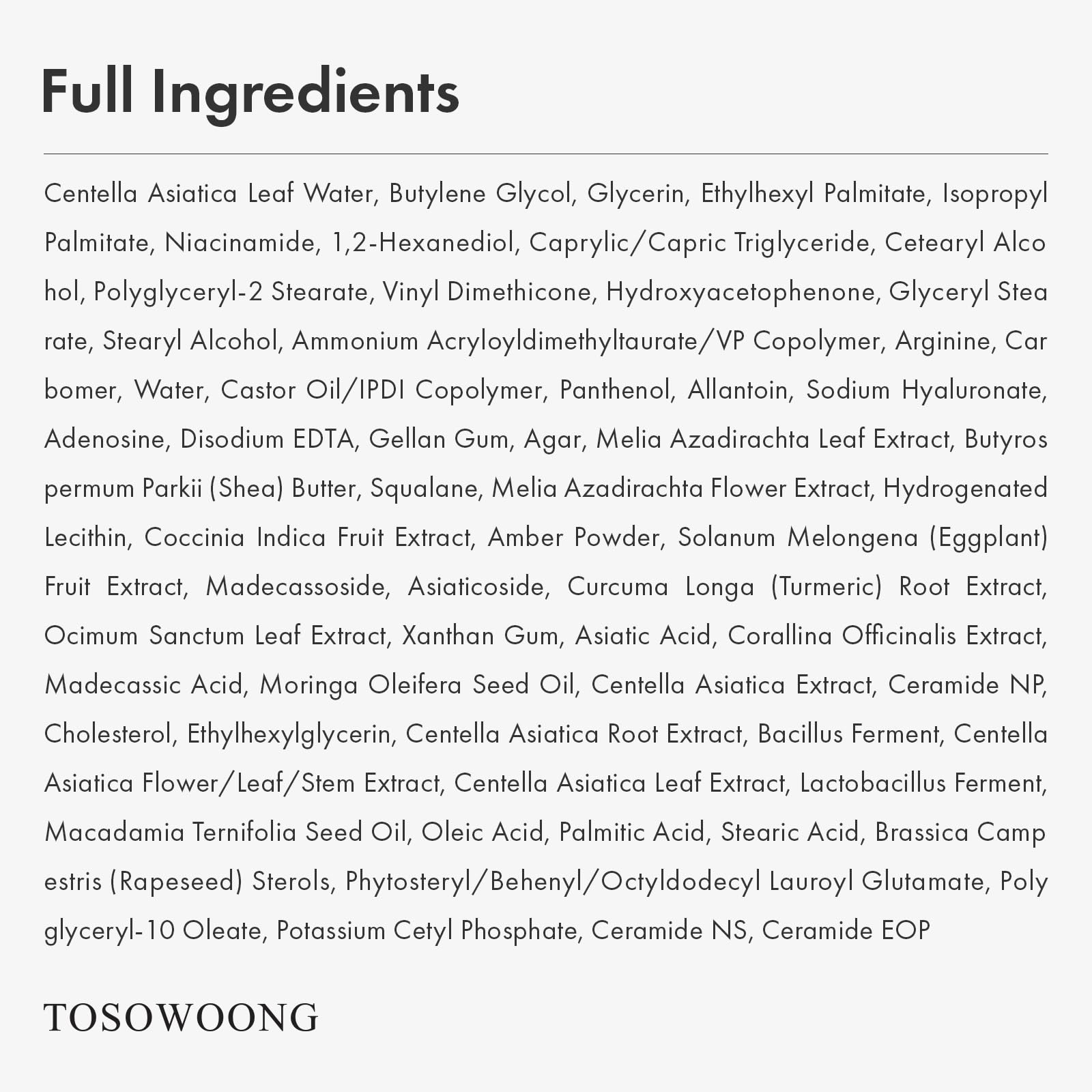 Tosowoong 9-actives closeup featuring nine actives for soothing care