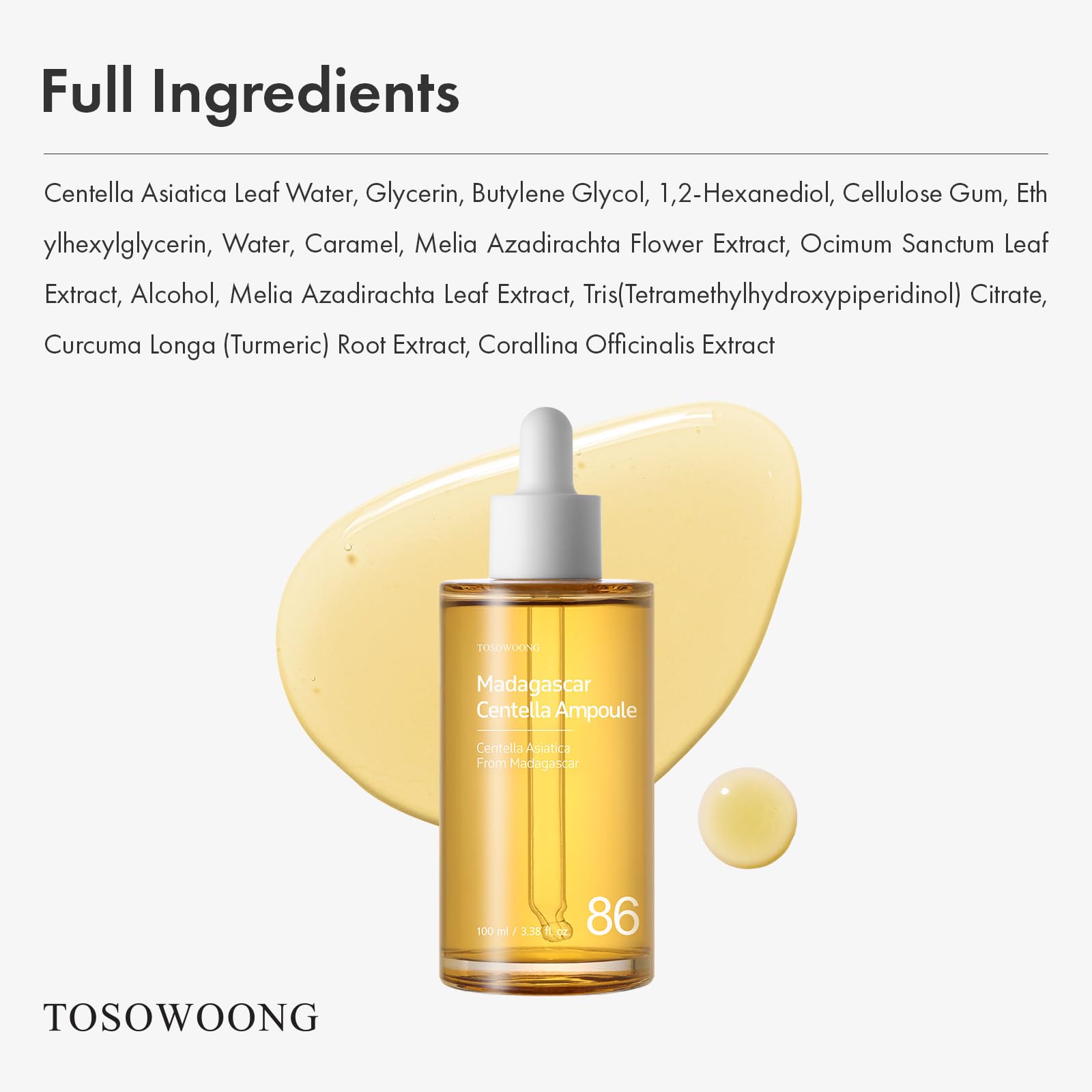 TOSOWOONG Centella serum close-up on skin shows smooth texture