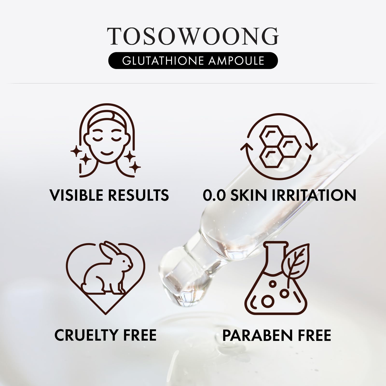 TOSOWOONG Glutathione Serum dark-spot focus hints at evening tone and clearer-looking skin.