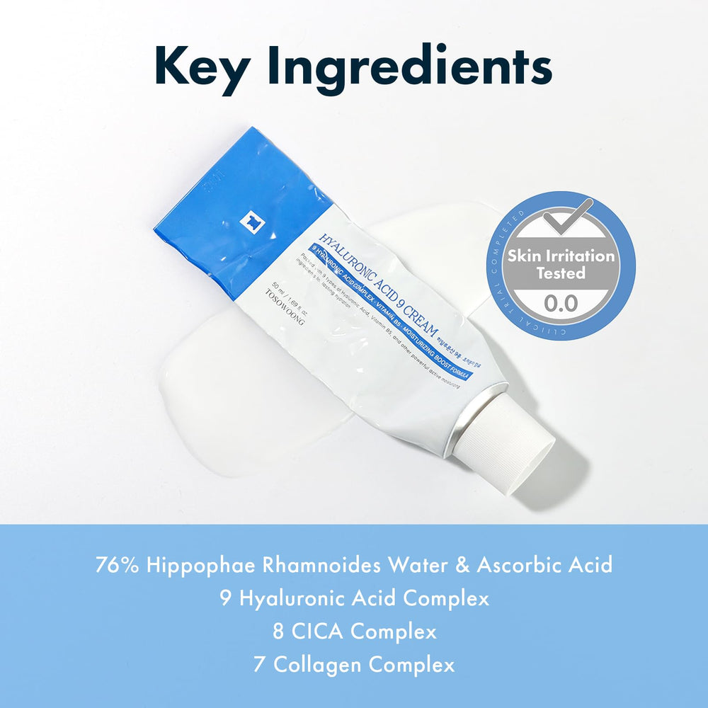 Ingredient visuals of Hyaluronic Acid, Vitamin B5, Niacinamide in TOSOWOONG cream.