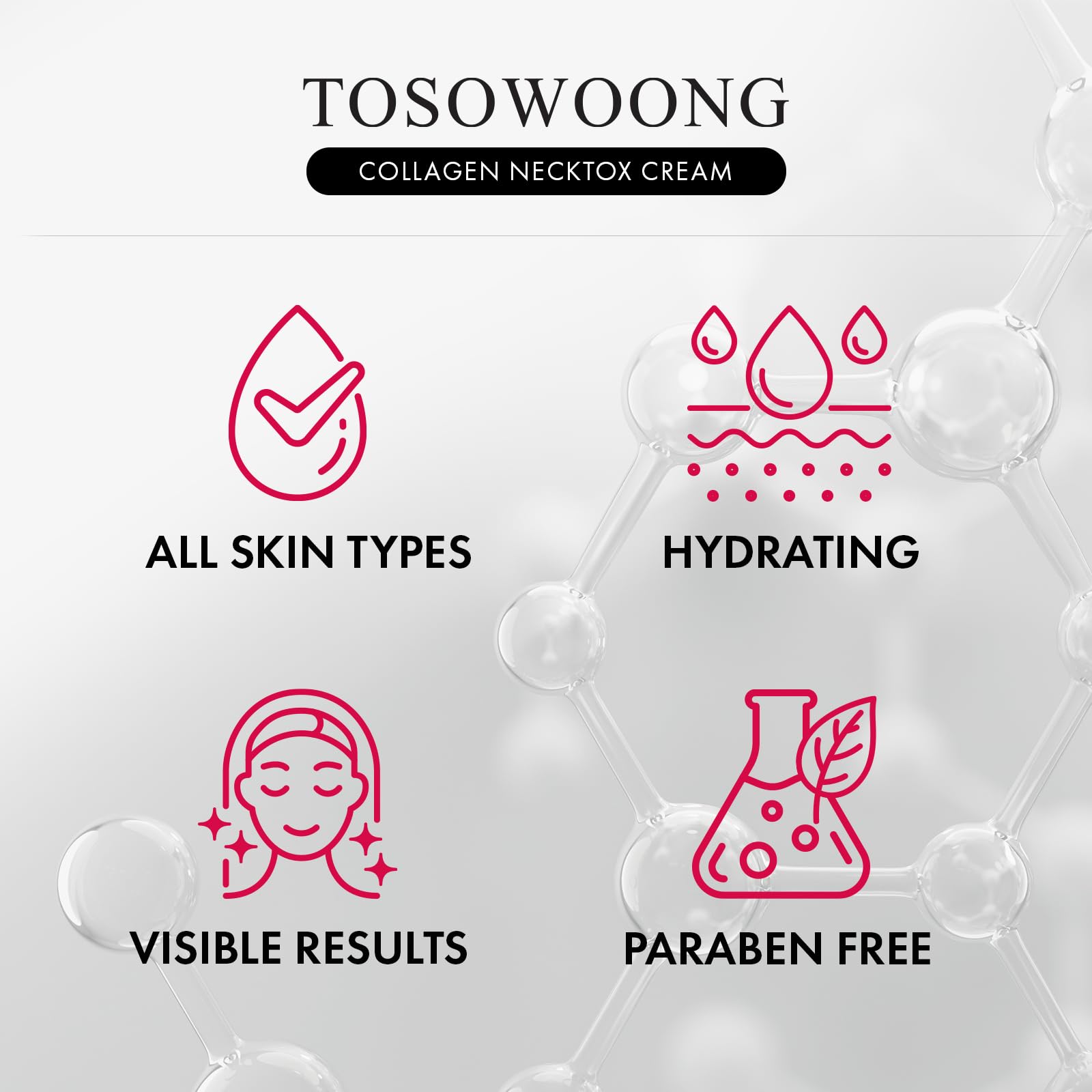 TOSOWOONG Necktox Cream packaging flatlay showcases premium Korean skincare