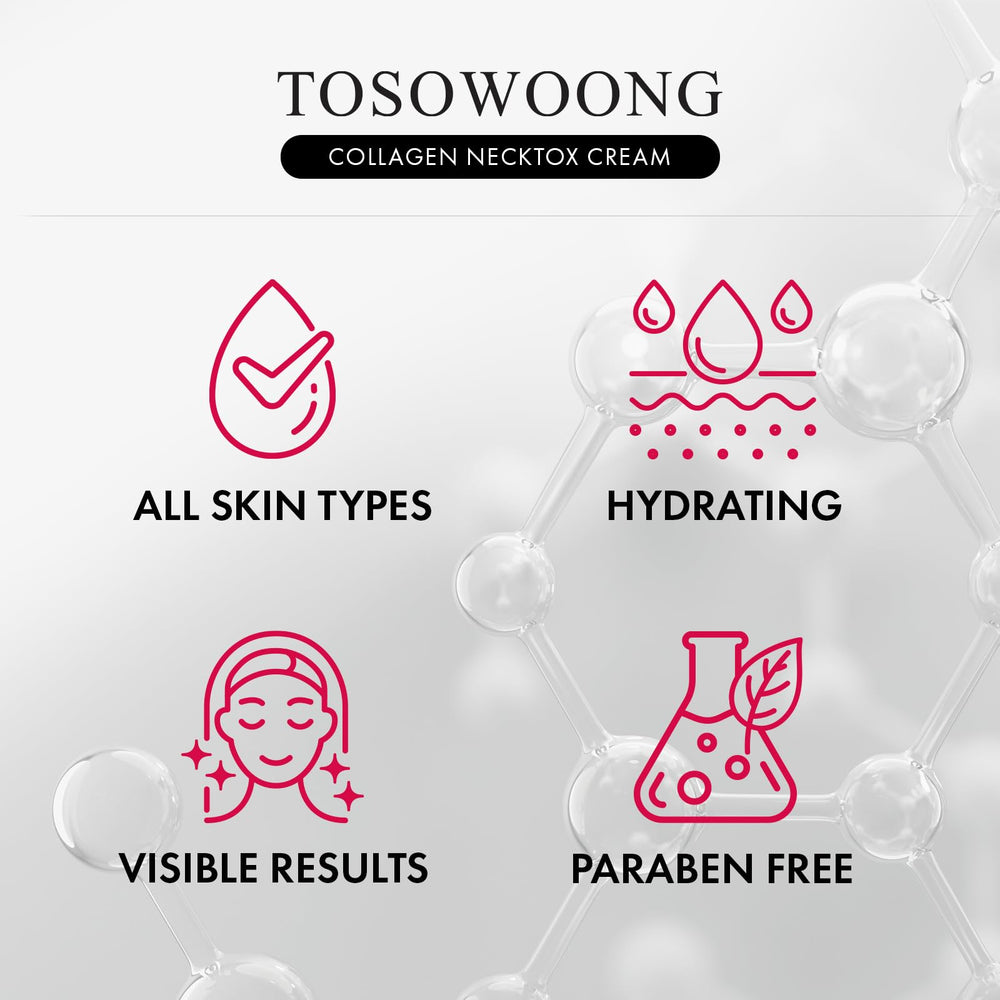 TOSOWOONG Necktox Cream packaging flatlay showcases premium Korean skincare