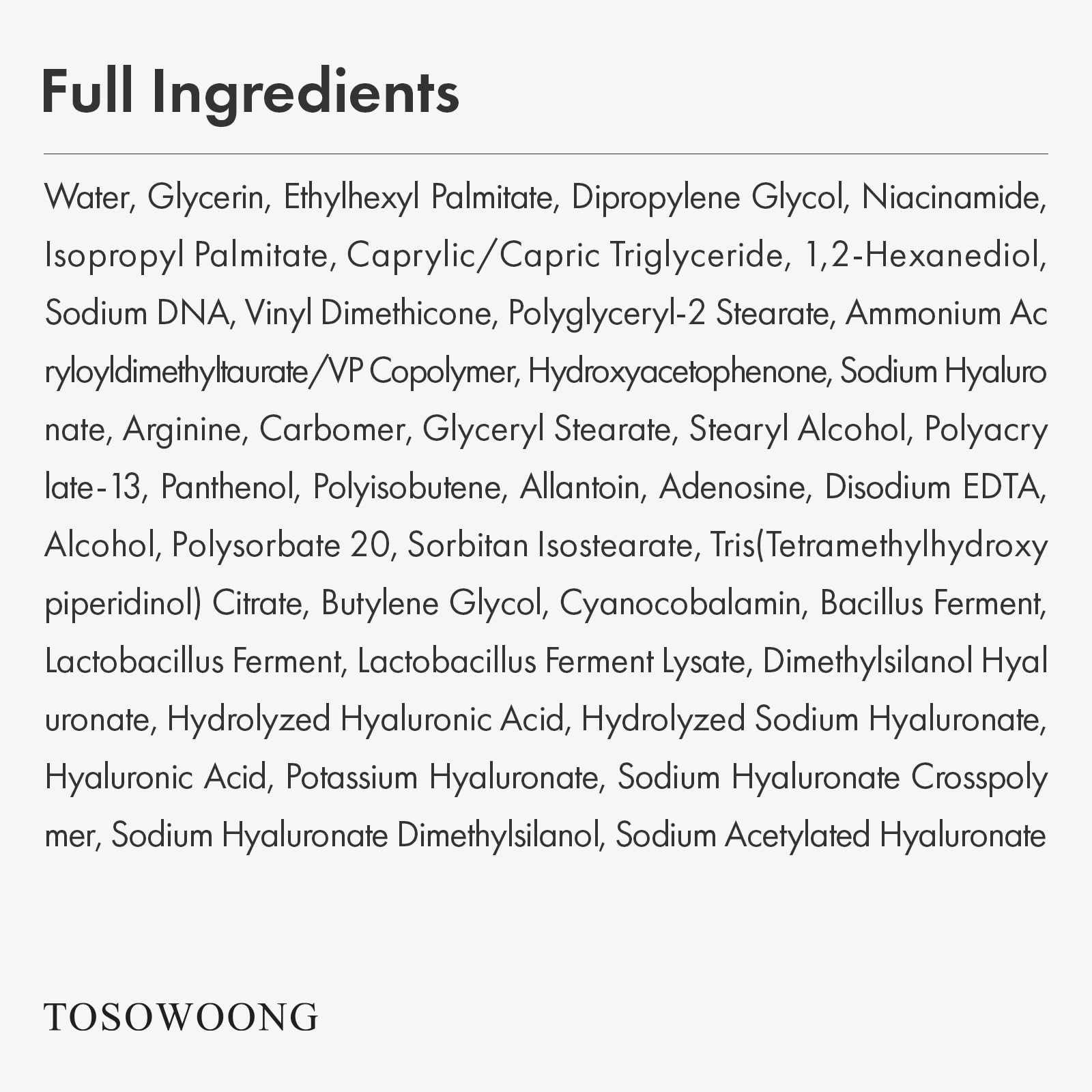TOSOWOONG packaging label close-up highlighting key ingredient benefits