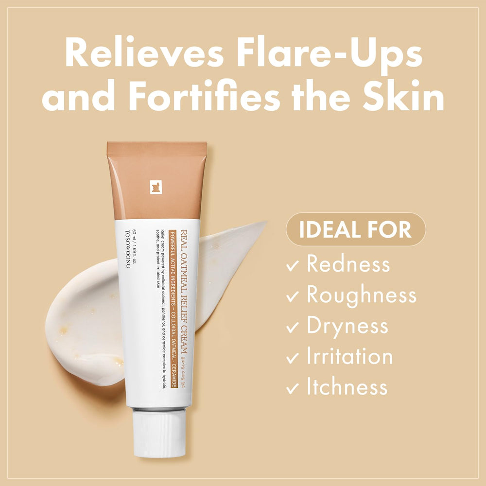 TOSOWOONG Real Oatmeal Relief Cream label showing clean fragrance-free formula.