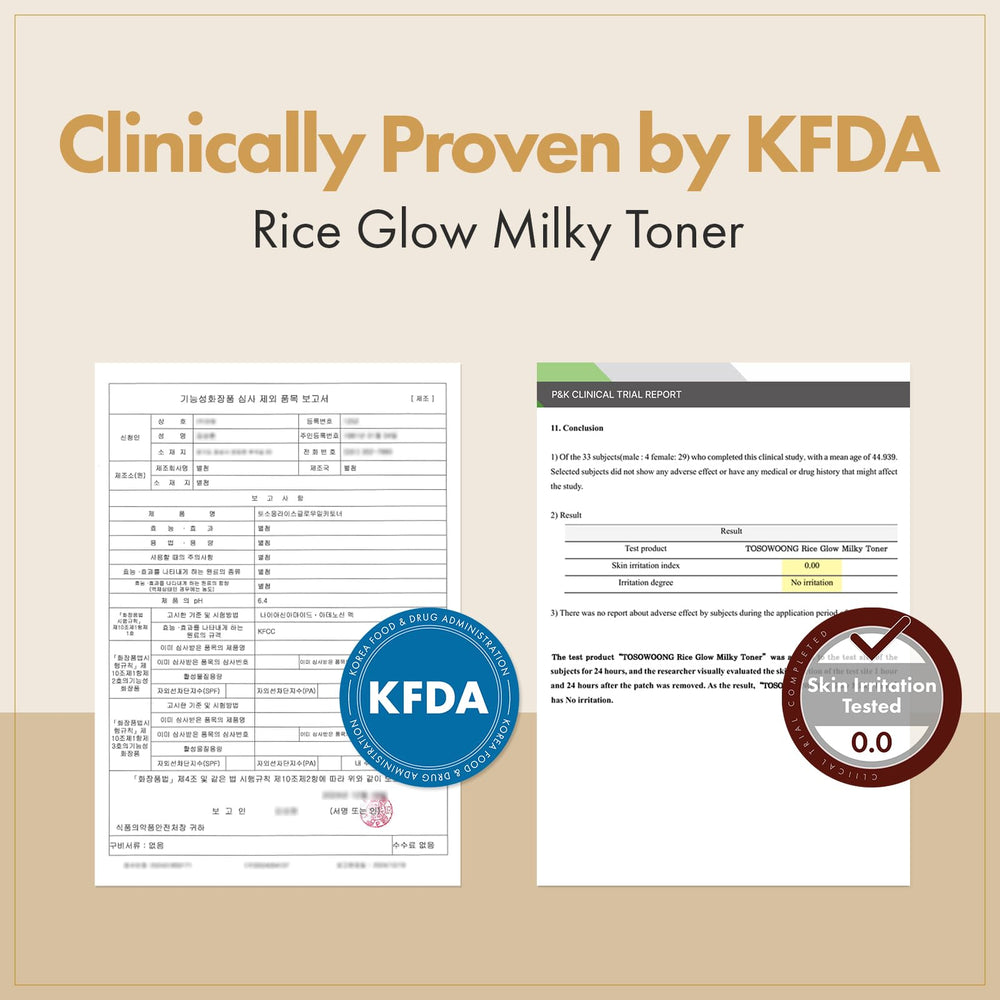 TOSOWOONG Rice Glow Milky Toner fragrance-free packaging for sensitive skin users.