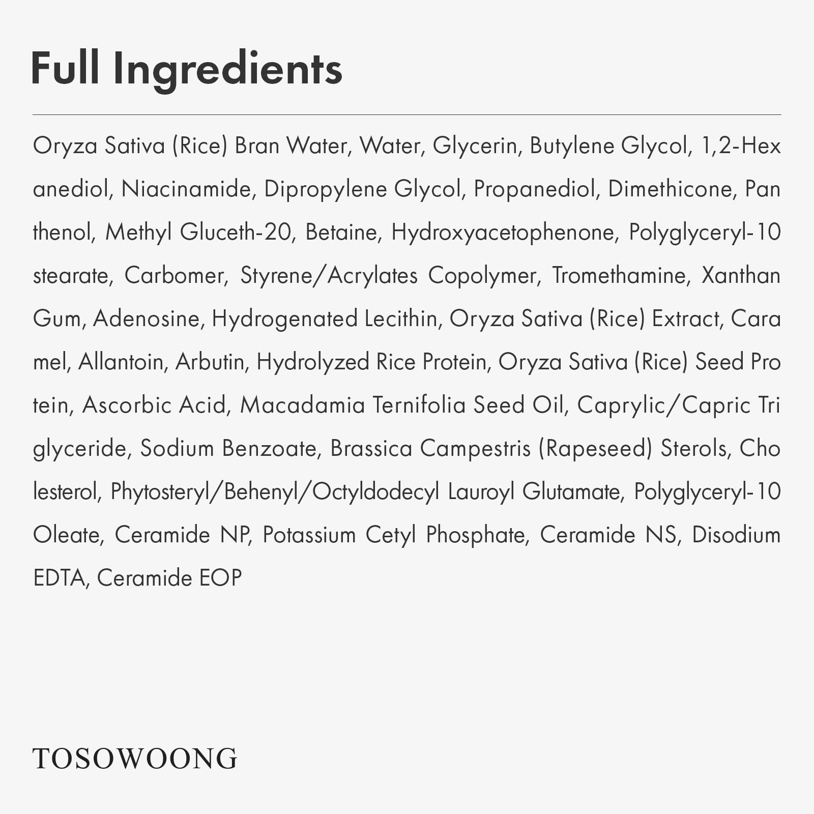 TOSOWOONG Rice Glow Milky Toner close-up label showcases clean, gentle Korean skincare formula.