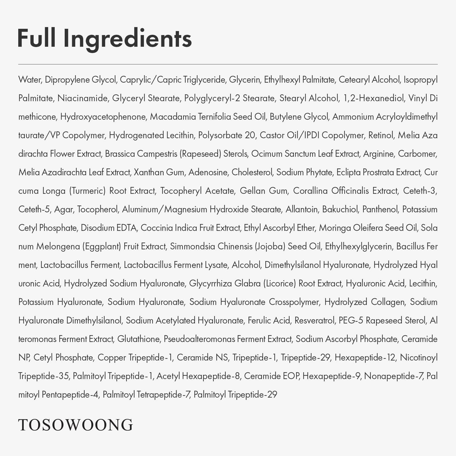 TOSOWOONG size and scale with ingredients showing product volume and ingredient transparency