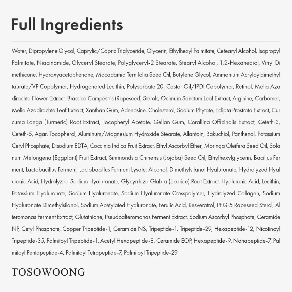 TOSOWOONG size and scale with ingredients showing product volume and ingredient transparency
