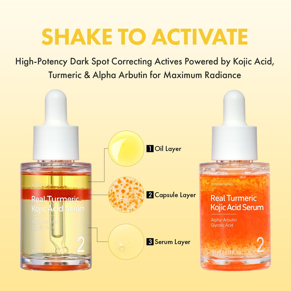 TOSOWOONG close-up of triple-layer serum illustrating shake-to-activate benefit