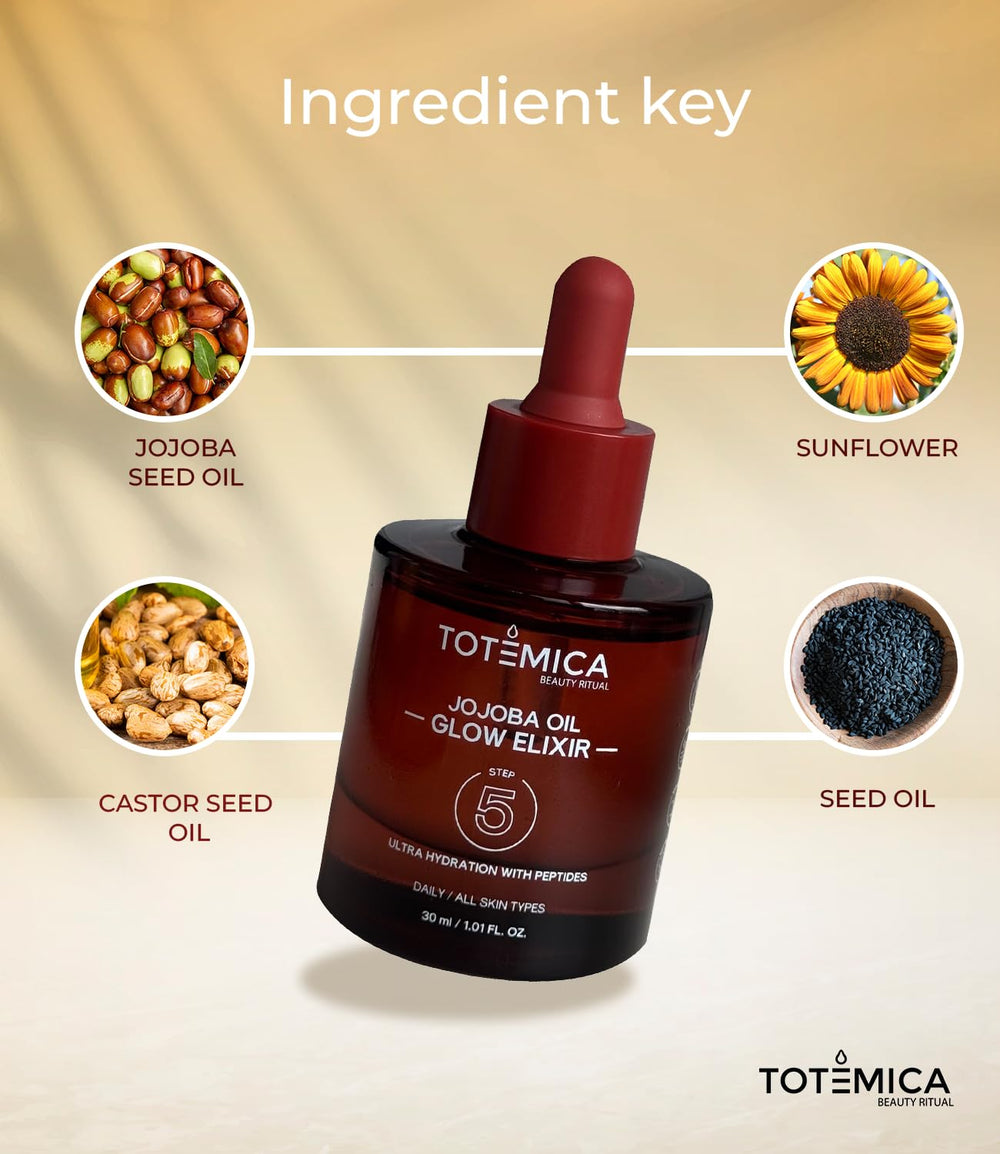 Totemica Organic Jojoba Oil Glow Elixir texture closeup shows lightweight formula