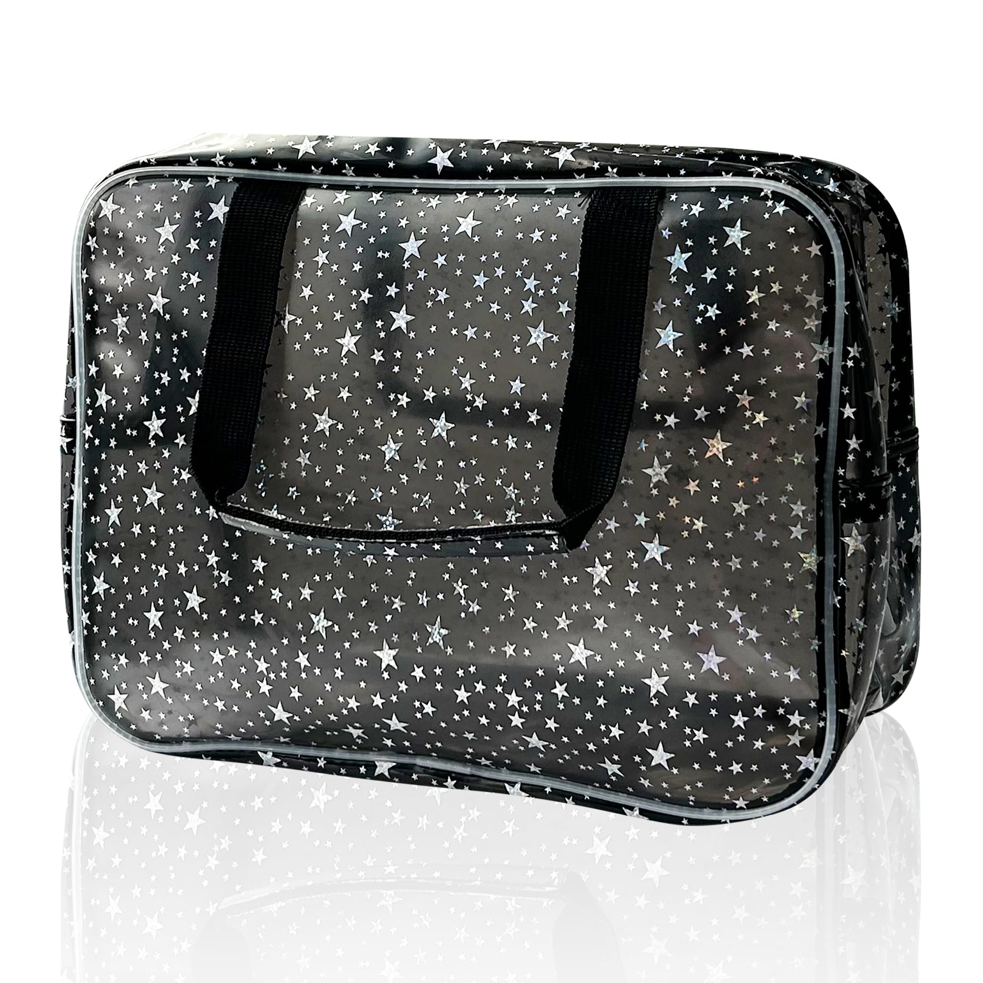 TotePrint Black Holographic Star bag front view for organized travel makeup.