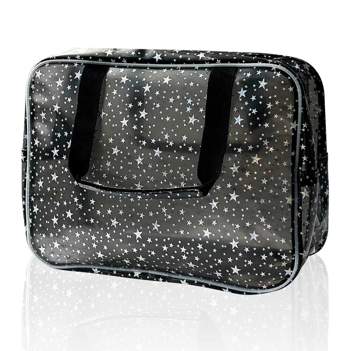 TotePrint Black Holographic Star bag front view for organized travel makeup.