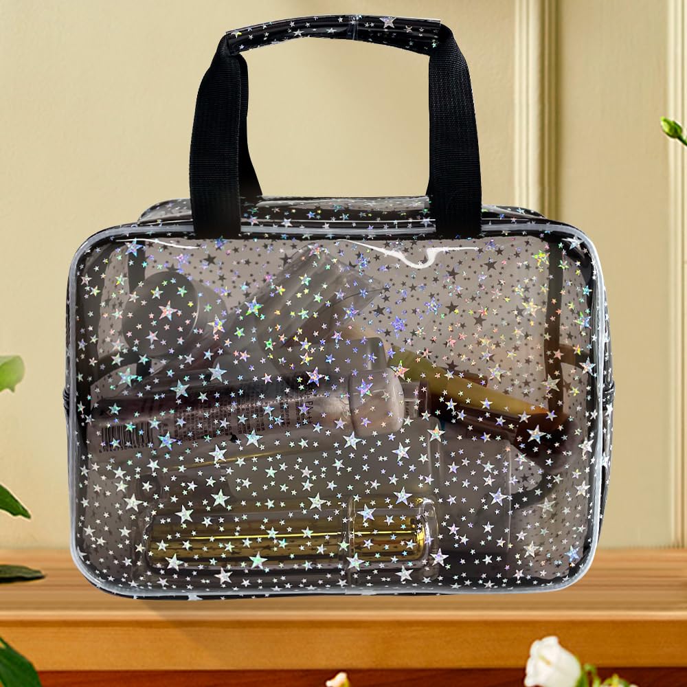 TotePrint Black Holographic Star cosmetic bag zipper closeup enabling quick access.