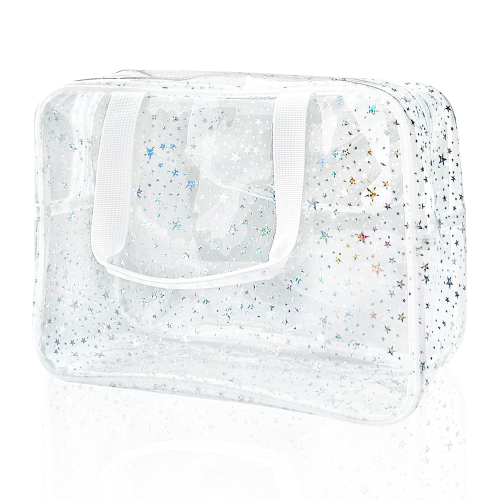 TotePrint holographic star cosmetic bag front view with transparent PVC for quick item visibility