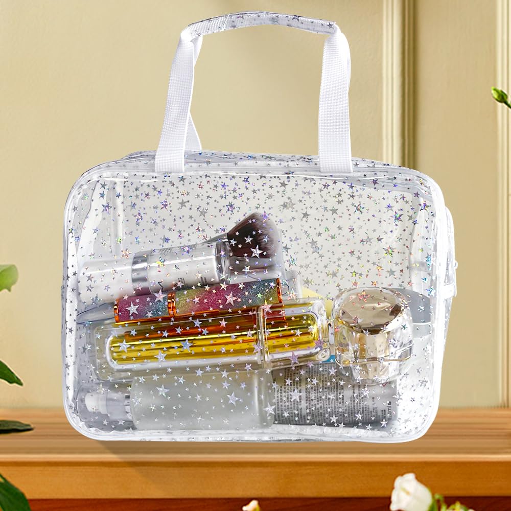 TotePrint holographic star cosmetic bag open zipper for easy access to contents