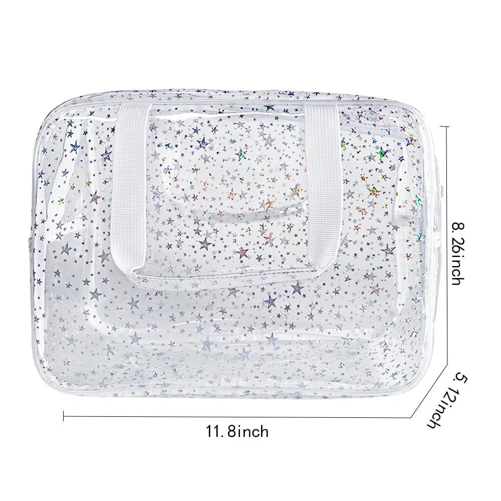 TotePrint holographic star cosmetic bag side view showing durable waterproof PVC